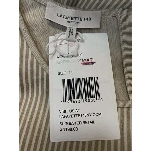 $1198 Lafayette 148 New York Womens Beige Striped Linen/Silk Midi Dress Size 14